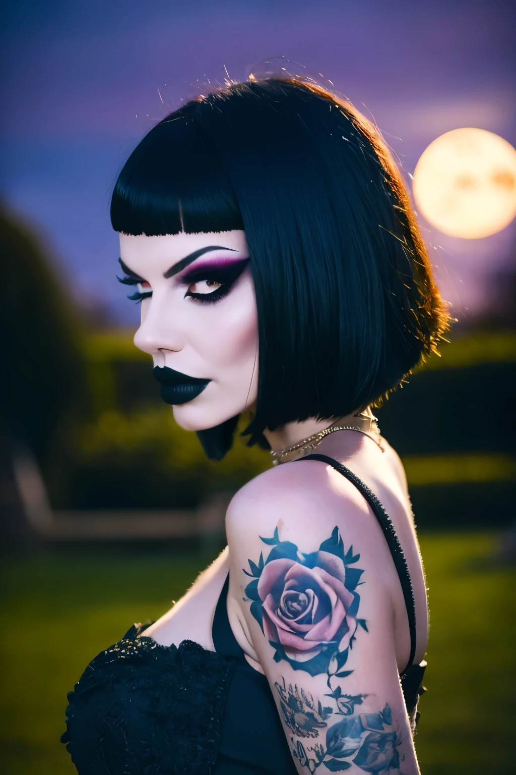 Generate a hyper-realistic image that employs the shallow depth of field technique, Head and sholders portrait to highlight a pretty goth girl wearing a gothic dress, ((cut hair with fringe)), tattooed, ((heavy makeup)) , at ((night in a creepy cemitery)) setting, (((under the moonlight))). The girl should be the focal point, with crisp clarity, while the background of the forest should be gently blurred to create a bokeh effect. (((black roses In the foreground))) should be visible but blurred, adding depth to the composition.", adding depth to the composition. Sony Alpha A7R III, macros lens , f/5.6. ((Cinematic purple Lighting)) .