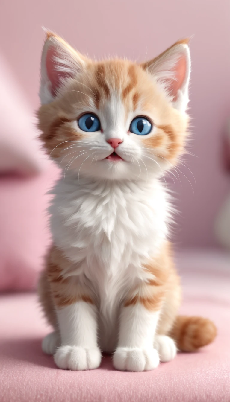 an adorable cartoon-style kitten sitting in a cute pose. The kitten has a fluffy blue and white fur pattern with large, expressive blue eyes and a happy, open-mouthed smile. The kitten's ears are pointed and slightly pink on the inside. It wears an red collar with a small gold tag. The fur is detailed and plush, giving the kitten a soft and cuddly appearance. The background is a simple, light pastel color to keep the focus on the kitten. The lighting is soft, adding a gentle glow to the scene.