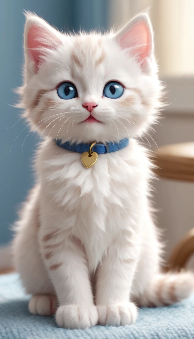 an adorable cartoon-style kitten sitting in a cute pose. The kitten has a fluffy blue and white fur pattern with large, expressive blue eyes and a happy, open-mouthed smile. The kitten's ears are pointed and slightly pink on the inside. It wears an red collar with a small gold tag. The fur is detailed and plush, giving the kitten a soft and cuddly appearance. The background is a simple, light pastel color to keep the focus on the kitten. The lighting is soft, adding a gentle glow to the scene.