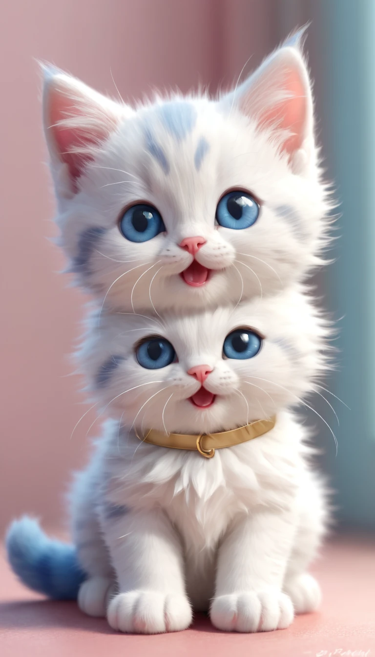 an adorable cartoon-style kitten sitting in a cute pose. The kitten has a fluffy blue and white fur pattern with large, expressive blue eyes and a happy, open-mouthed smile. The kitten's ears are pointed and slightly pink on the inside. It wears an red collar with a small gold tag. The fur is detailed and plush, giving the kitten a soft and cuddly appearance. The background is a simple, light pastel color to keep the focus on the kitten. The lighting is soft, adding a gentle glow to the scene.