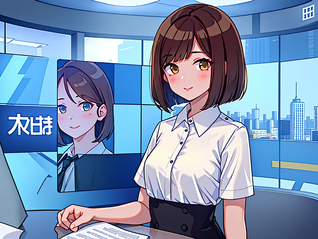 news studio, faceless office lady, brown hair, bob cut, upper body, leading news, small wipe of park, detailed news program, [pixel art]