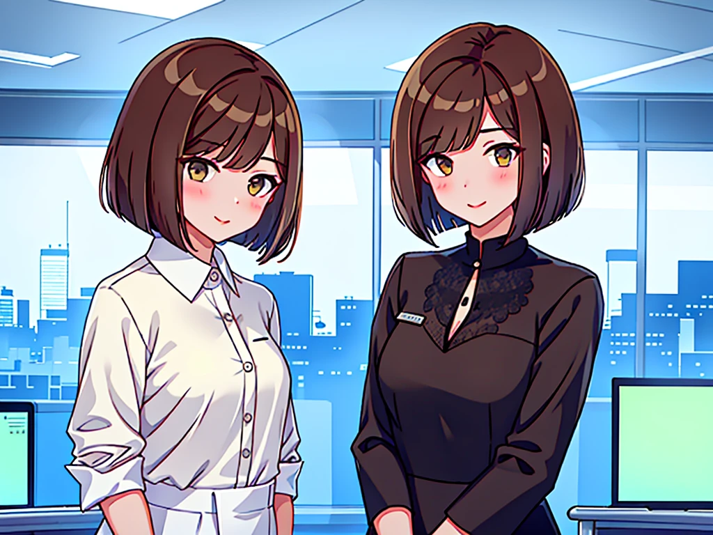 news studio, faceless office lady, brown hair, bob cut, upper body, leading news, small wipe of park, detailed news program, [pixel art]