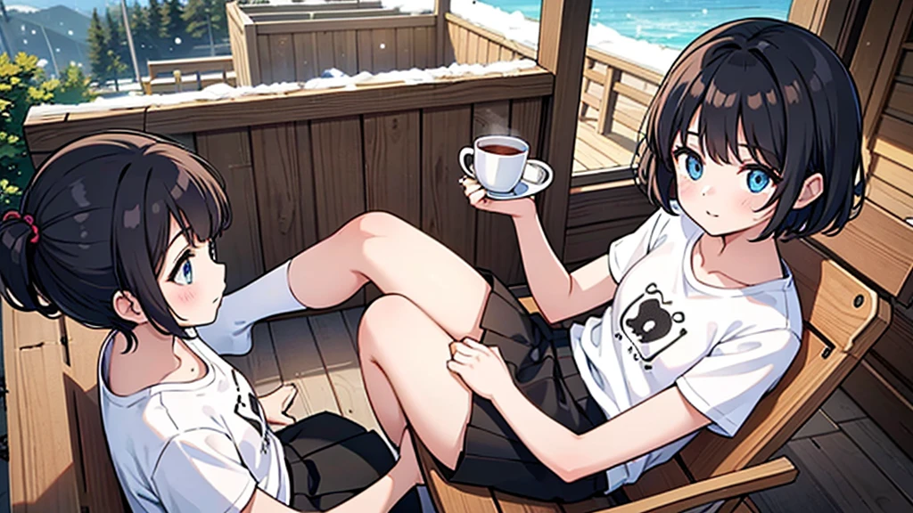 1girl, solo, blue eyes, (detailed eyes), flat chest, short hair, black hair, ((white t-shirt)), simple t-shirt, black skirt, black socks, upper body, ((masterpiece, illustration, best quality)) sitting on a chair in the balcony of a wooden cabin house while their is a hot cup of hot chocolate on a table beside her not holding it while it's snowing