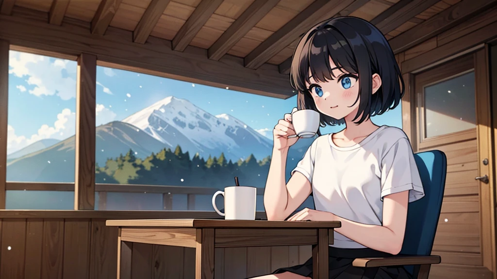 1girl, solo, blue eyes, (detailed eyes), flat chest, short hair, black hair, ((white t-shirt)), simple t-shirt, black skirt, black socks, upper body, ((masterpiece, illustration, best quality)) sitting on a chair in the balcony of a wooden cabin house while their is a hot cup of hot chocolate on a table beside her not holding it while it's snowing