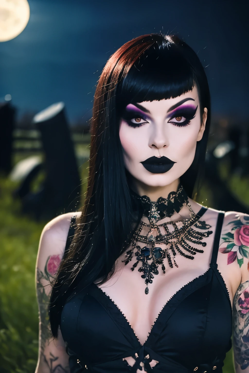Generate a hyper-realistic image that employs the shallow depth of field technique, Head and sholders portrait to highlight a pretty goth girl wearing a gothic dress, ((cut hair with fringe)), tattooed, ((heavy makeup)) , at ((night in a creepy cemitery)) setting, (((under the moonlight))). The girl should be the focal point, with crisp clarity, while the background of the forest should be gently blurred to create a bokeh effect. (((black roses In the foreground))) should be visible but blurred, adding depth to the composition.", adding depth to the composition. Sony Alpha A7R III, macros lens , f/5.6. ((Cinematic purple Lighting)) .