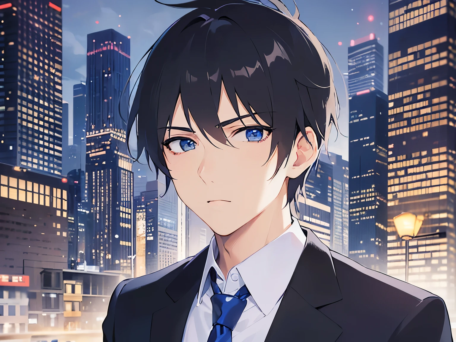 Detailed CG,Ultra-fine illustrations,masterpiece,Highest quality,Shiny skin,BREAK(26 year old male:1.5)BREAK,(Black Short Hair)and(blue eyes),(suit:1.5)and(White collared shirt)そand(Blue tie),(serious:1.2),The background is a night city,View your viewers,alone
