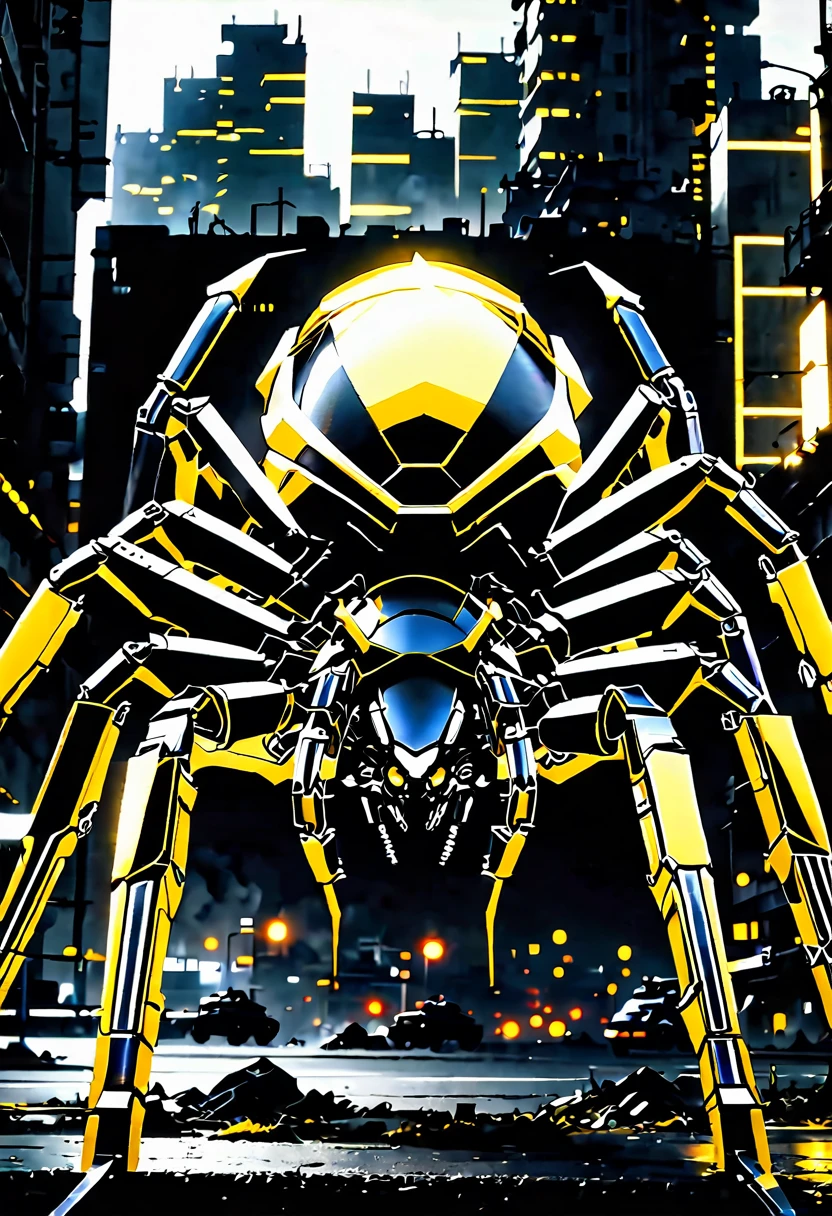 A giant mecha spider designed based on an enemy of a Metal Gear Solid character, in striking yellow and black. high-contrast lighting, got missile launchers,the environment is a post-apocalyptic urban war city ruin, with army and tank, broken place adding depth. The scene's mood is tense and foreboding, alloy armor striking the color, with a metallic sheen reflecting exoskeleton. ultra realistic , ultra details with gears,