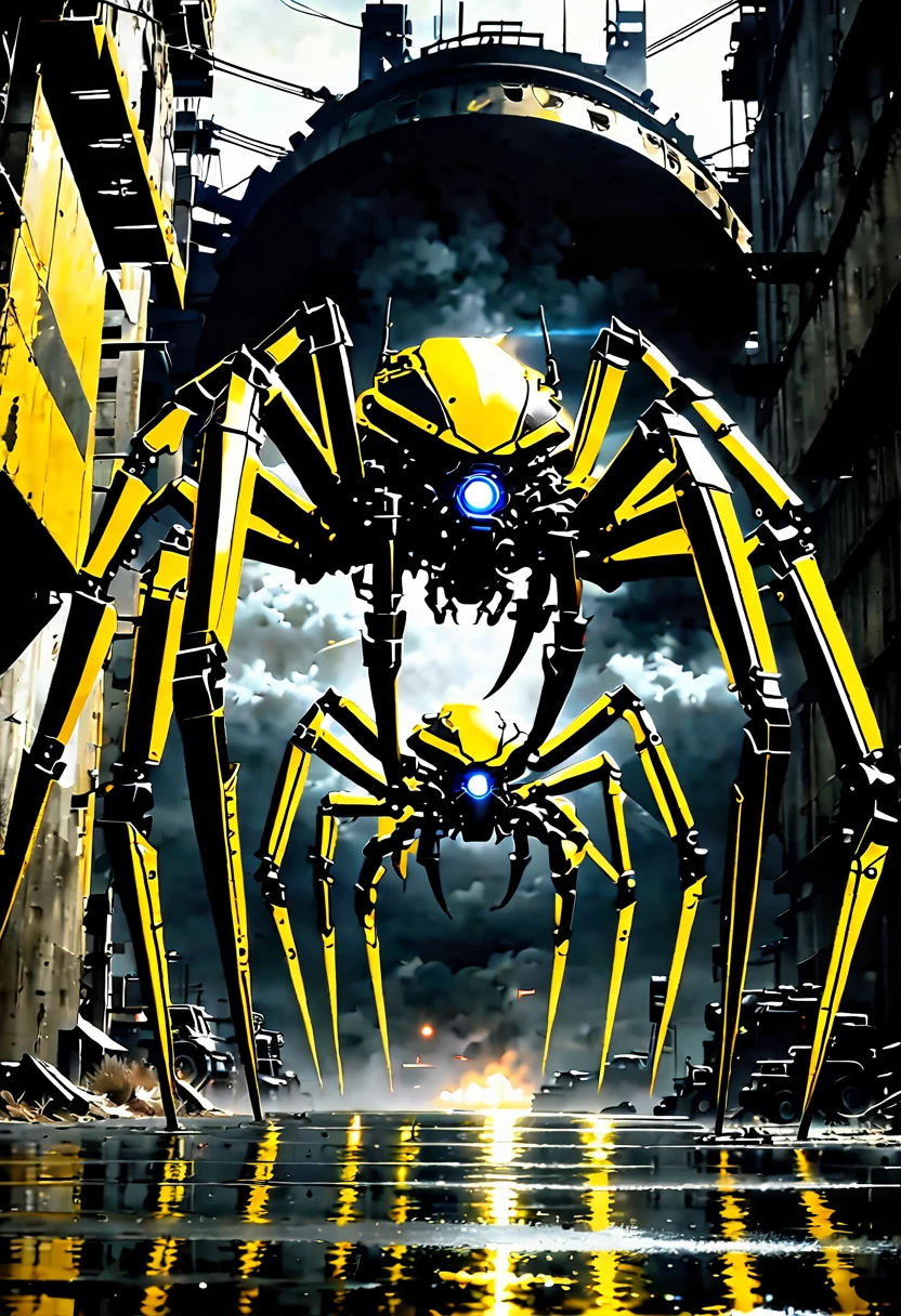 A giant mecha spider designed based on an enemy of a Metal Gear Solid character, in striking yellow and black. high-contrast lighting, got missile launchers,the environment is a post-apocalyptic urban war city ruin, with army and tank, broken place adding depth. The scene's mood is tense and foreboding, alloy armor striking the color, with a metallic sheen reflecting exoskeleton. ultra realistic , ultra details with gears,
