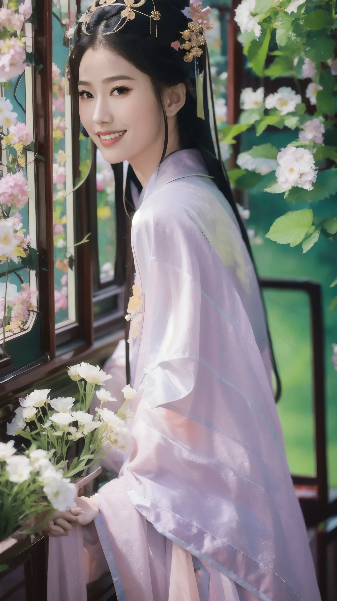 1 fashion model 18 years old [[[[close up]]]], [[[[neck]]]], [[[[Shoulder]]]], Perfect eyes, Perfect Iris，Perfect lips，Perfect Teeth，Perfect skin，White skin，Soft headlight，High-density imaging，Black long hair，（Clean and delicate face），((Chinese clothing))，((Sexy))，((Smile))，((Background is indoor))，((There are green trees and flowers outside the window))，best quality，masterpiece，（Soft colors：1.2）