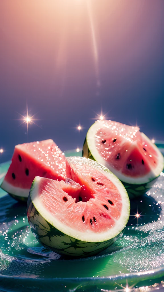 Summer Dream，watermelon，Dreamy lighting，The scattered water drops float in the air and sparkle in the sun，HD，Details，Best quality
