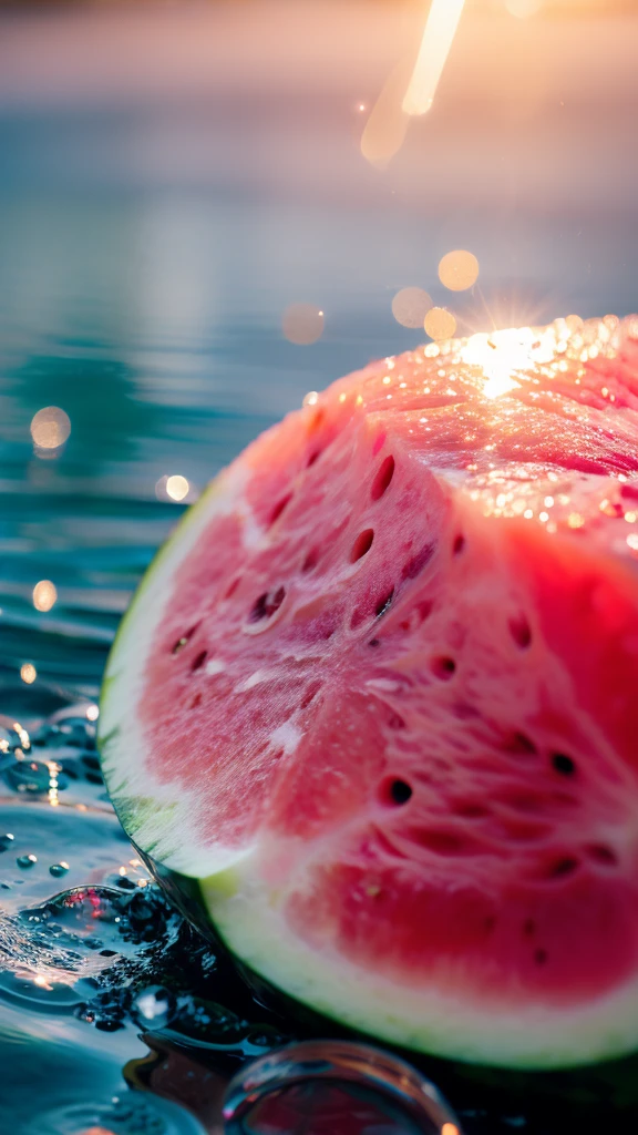 Summer Dream,watermelon,Dreamy lighting,The scattered water drops float in the air and sparkle in the sun,HD,Details,Best quality