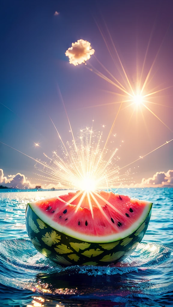 Summer Dream，watermelon，Dreamy lighting，The scattered water drops float in the air and sparkle in the sun，HD，Details，Best quality