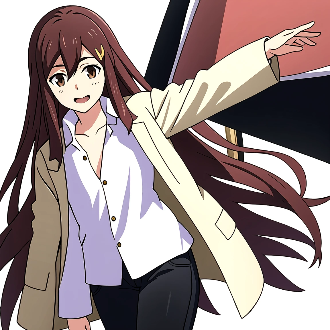 (masterpiece, best quality:1.2), shion shishibe, 1girl, black pants, buttons, coat, jacket, long sleeves, open clothes, open jacket, pants, shirt, solo, white jacket, brown eyes, reddish brown hair, coat, collarbone, hair ornament, jacket, labcoat, long hair, magenta clothes