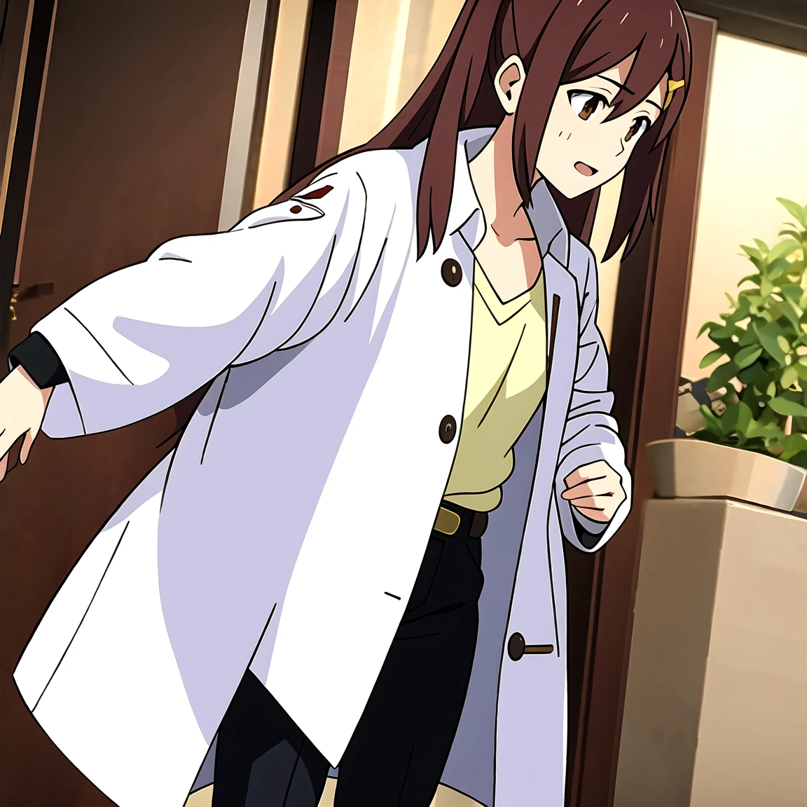 (masterpiece, best quality:1.2), shion shishibe, 1girl, black pants, buttons, coat, jacket, long sleeves, open clothes, open jacket, pants, shirt, solo, white jacket, brown eyes, reddish brown hair, coat, collarbone, hair ornament, jacket, labcoat, long hair, magenta clothes