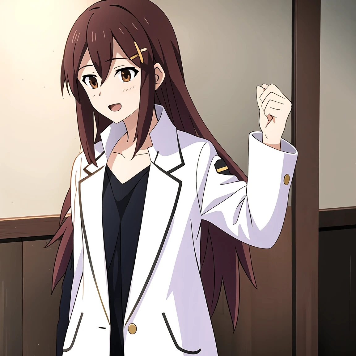 (masterpiece, best quality:1.2), shion shishibe, 1girl, black pants, buttons, coat, jacket, long sleeves, open clothes, open jacket, pants, shirt, solo, white jacket, brown eyes, reddish brown hair, coat, collarbone, hair ornament, jacket, labcoat, long hair, magenta clothes