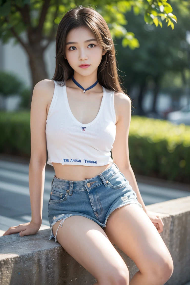 best quality, actual, Excellent details, Beautifully, High resolution, 8k wallpaper,(((((( 14 years old, first grade of junior high school in Taiwan)))))), full Body, Complete picture of light brown straight, long and smooth hair: short, Low-rise denim skirt, shabby, grey, wrinkle, There are scratches.., and tear. Thin, Disorganized, White vest tattered and worn.., ซ่อนหน้าอกThinส่วนของเธอ, โชว์หัวนมThinส่วน.. exposing her breasts and nipples, Sexy belly.,
 เผยหน้าอกเล็กและอกเปลือยThinส่วน. Open and lift your legs，Reveal underwear..., long legs,
 Sexy high heels，Covers from ankle to below knee, sharp focus, Perfect dynamic composition. 
Beautiful and delicate eyes, ผมThin, detailed actual skin textures, Smile, Close-up photos, Model&#39;Body，Beautiful facial features，Cute，The most beautiful junior high school girl in Taiwan，(((Chest C cup，Slightly bigger eyes)))，teen girl feeling
