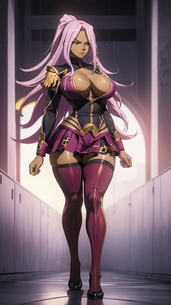 ANIME 
1girl, long hair, Ebony skin, ebony-skinned female, magenta hair,  hair over one eye, busty, makeup, huge and round breasts, ponytail, yellow eyes, lips, thick thighs, magenta hair, yellow Elizabeth Mably's clothes, Elizabeth Mably's skirt, serious face, white high socks