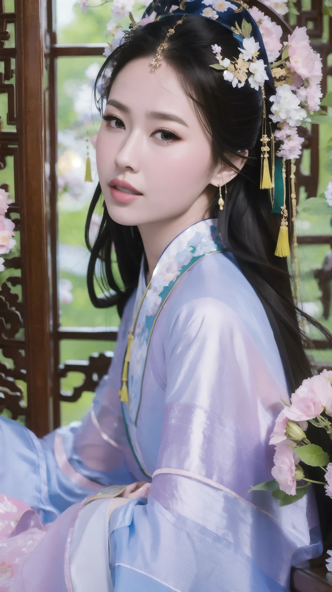 1 fashion model 18 years old [[[[close up]]]], [[[[neck]]]], [[[[Shoulder]]]], Perfect eyes, Perfect Iris，Perfect lips，Perfect Teeth，Perfect skin，White skin，Soft headlight，High-density imaging，Black long hair，（Clean and delicate face），((Chinese clothing))，((Sexy))，((Background is indoor))，((There are green trees and flowers outside the window))，best quality，masterpiece，（Soft colors：1.2）