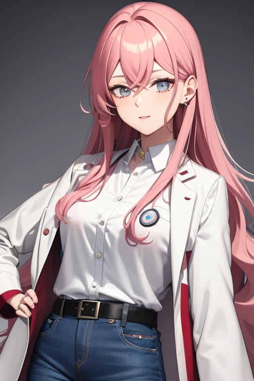 bonibel scientist Beautiful 50-year-old woman with long, wavy red hair with pink highlights, pierced ears, honey-colored eyes, open white doctor's coat, blue jeans, white shirt with candy print, black belt, looking directly at the viewer. a white background.
