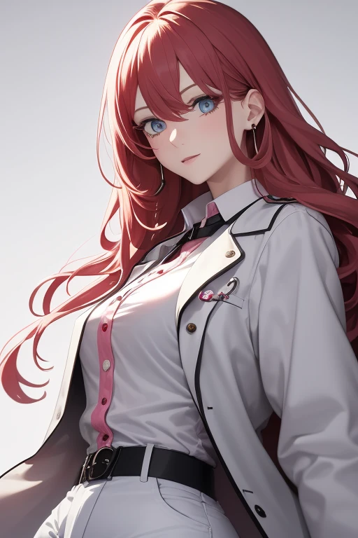 bonibel scientist Beautiful 50-year-old woman with long, wavy red hair with pink highlights, pierced ears, honey-colored eyes, open white doctor's coat, blue jeans, white shirt with candy print, black belt, looking directly at the viewer. a white background.