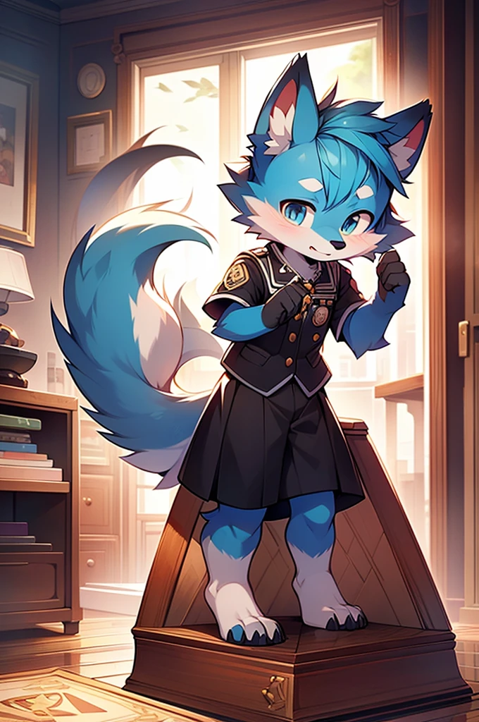 Blue fur, Canine, fox motif, boy, uniform,expensive,One person,Stand up on your own feet,