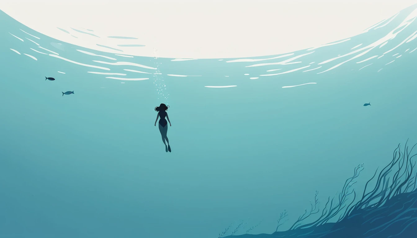 Minimalist Journey, diving, Solitary, 1 girl swimming gracefully, Minimalism, Under the Sea, illustration.