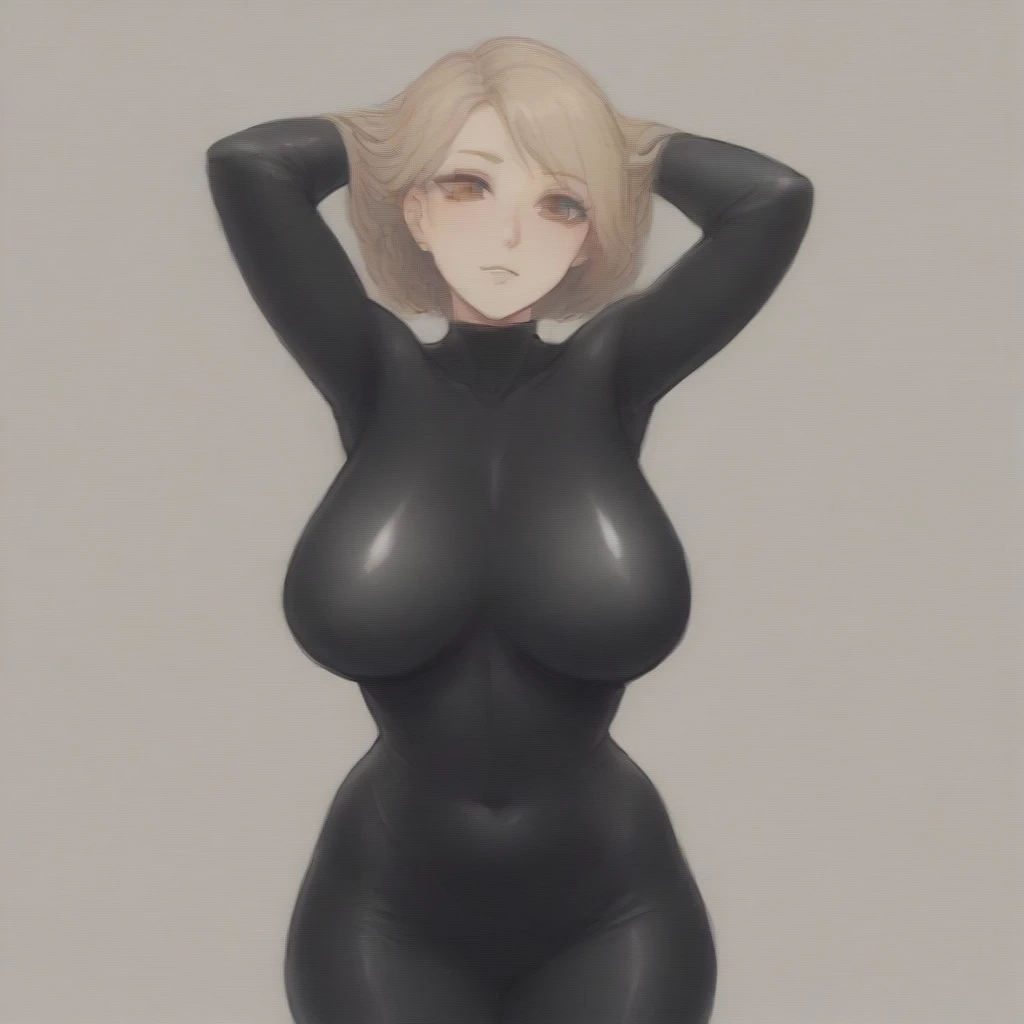 Big breast, black latex suit