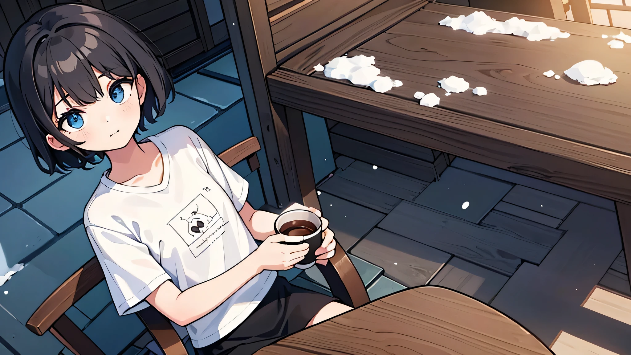 1girl, solo, blue eyes, (detailed eyes), flat chest, short hair, black hair, ((white t-shirt)), simple t-shirt, black skirt, black socks, upper body, ((masterpiece, illustration, best quality)) sitting on a chair in the balcony of a wooden cabin house while their is a hot cup of hot chocolate on a table beside her while it's snowing