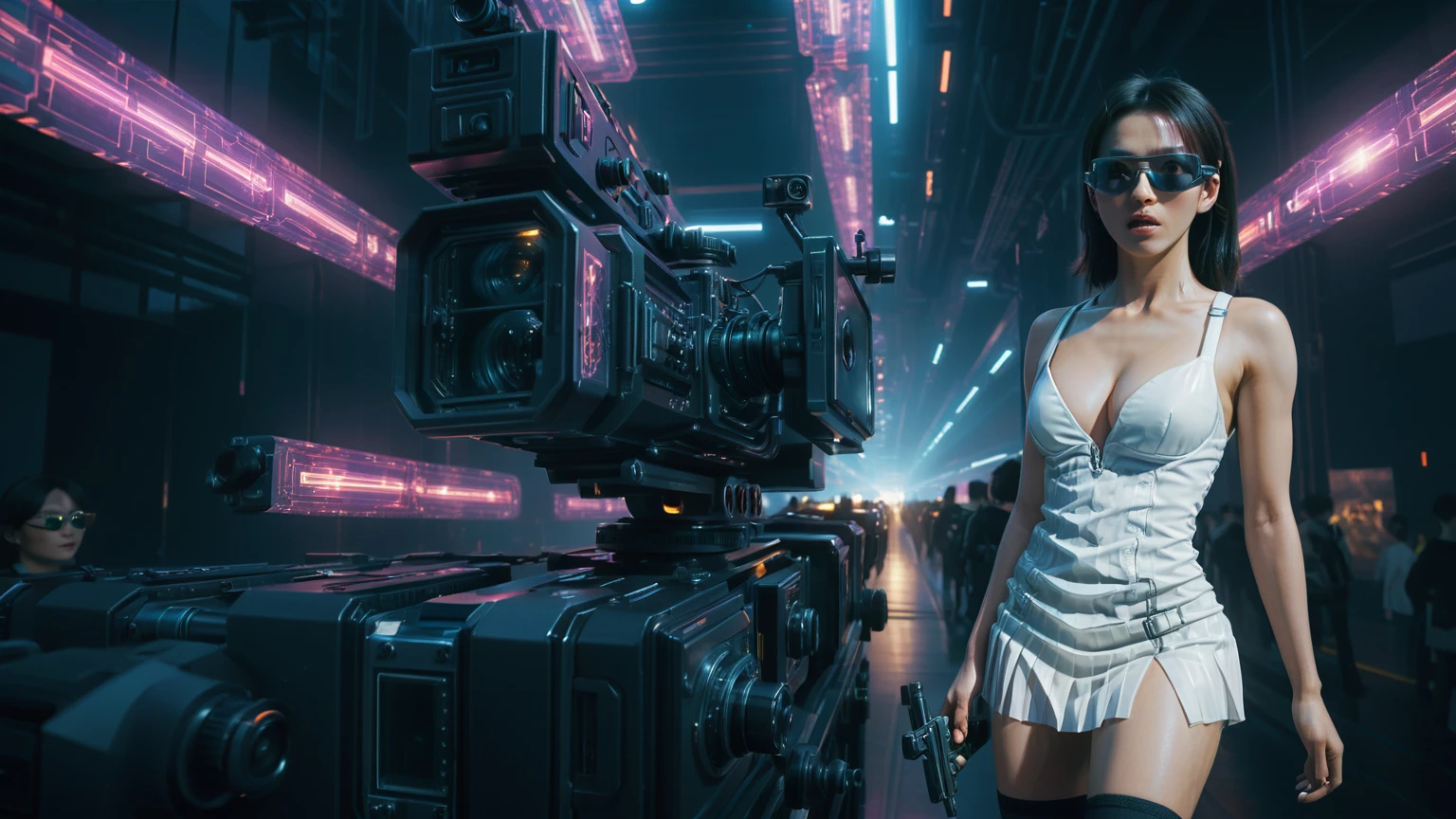 Cyberpunk female plagiarist immersed in digital theft, neon-lit alias within a vast online labyrinth, grotesque grunge brushing into surrealism, illuminated by kaleidoscopic volumetric light, a detailed masterpiece reminiscent of Moebius' distinctive style, deep focus, heightened depth field, psychedelic undertones amplified in a cinematic shot, aerial view of cyberpunk city at night, fog, (((((1girl, solo, alone))))), photo realistic, (((((large-breast:1.4 slim body, cleavage:1.4))))), (((off broken mini sling-shirt and black sling bra, (((extreamly short white pleated miniskirt, micro panty)))))), (((((running pose))))), (((((((matrix style black micro sunglasses))))))), ((((((((((aiming with a short gun)))))))))), (((((looking at camera))))), (((very low view))), (((((half-body thigh level medium shot))))), (((cinematic lighting))).