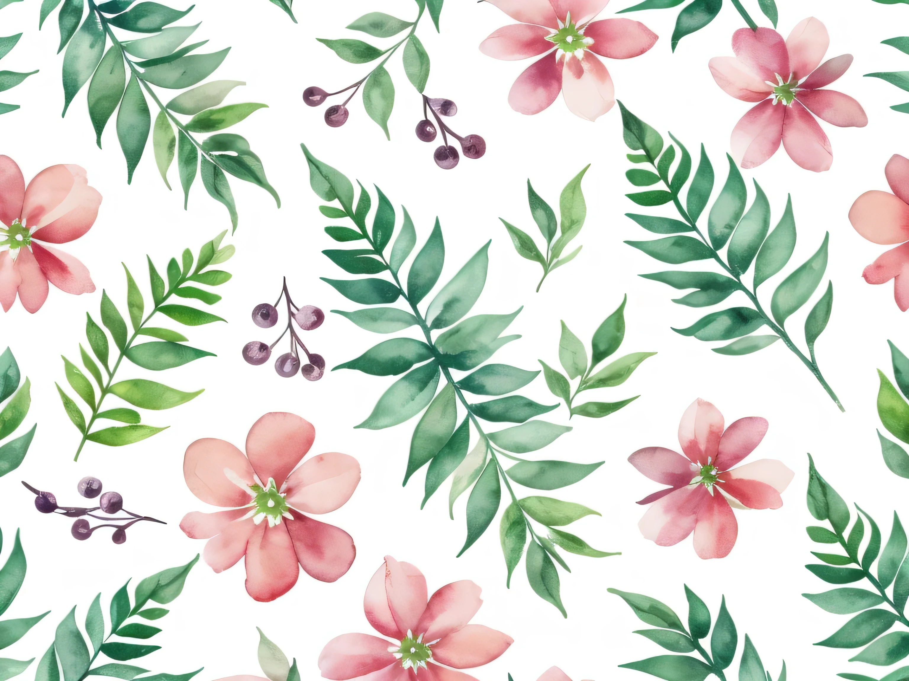 Watercolor pattern of beautiful flowers, berry, Ferns, foliage, Calming colors #3b4195 Color background. Watercolor paper texture.