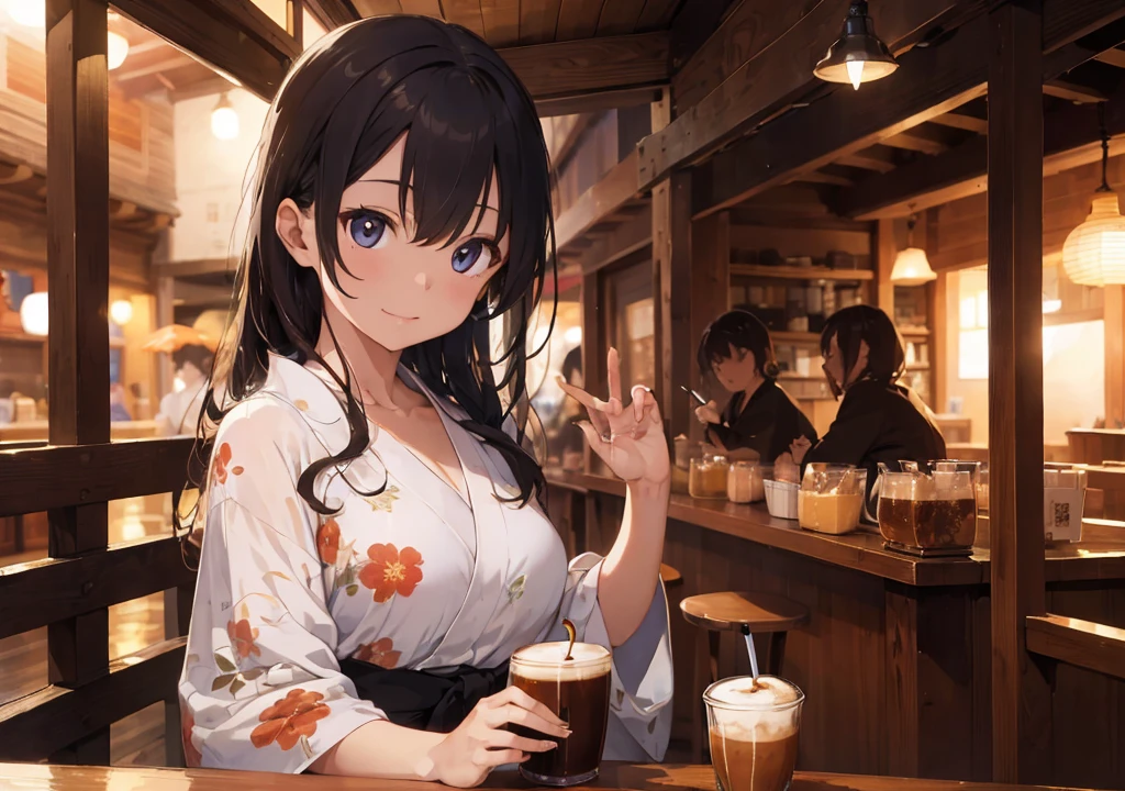 ((extremely detailed illustration)), highres, ((extremely detailed and beautiful background)), (professional illustrasion), (official art), ((Ultra-precise depiction)), ((Ultra-detailed depiction)), (beautiful:1.2 and aesthetic:1.2), beautiful detailed, intricate:1.1, nice hands, perfect hands, 
(young girl), ((kawaii)), (highly detailed beautiful face and eyes, big breasts, firm breasts), oily skin, ((black hair)), ((black eyes)), ((bob with (short ponytail hair))), thin pubic hair, cute lovely, (cheerful disposition), smile, open mouth, waving, 
(Ruffled sleeve blouse) with ((wide-legged black trousers)) and (heeled mules), 
In the café, you'll find magical items on the tables that grant customers their wishes. Like Aladdin's lamp, the magical cups fulfill people's desires. The café is filled with magical energy,