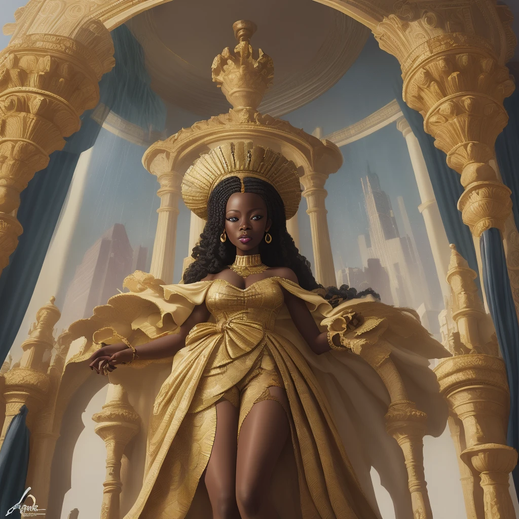 there is a woman sitting on a chair with a long beautiful dress, a horn on her head, sitting in a gilded throne, ((a beautiful fantasy empress)), princess portrait, on her throne, sitting on her throne, dark skin female goddess of love, portrait of an elf queen, a beautiful fantasy empress, seated in royal ease, portrait of queen of dreams, cg detailed, 3d