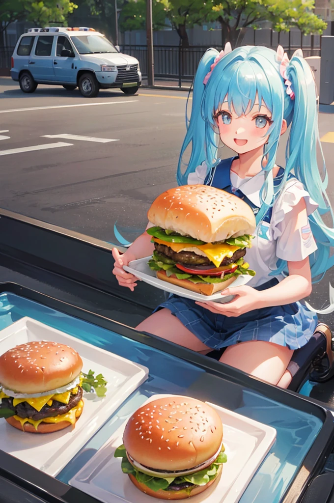 Light blue long hair、Beautiful girl with twin tails、Being chased by a hamburger、Hamburgers galore、Pile of hamburgers、Girl buried in burgers、A happy smile、