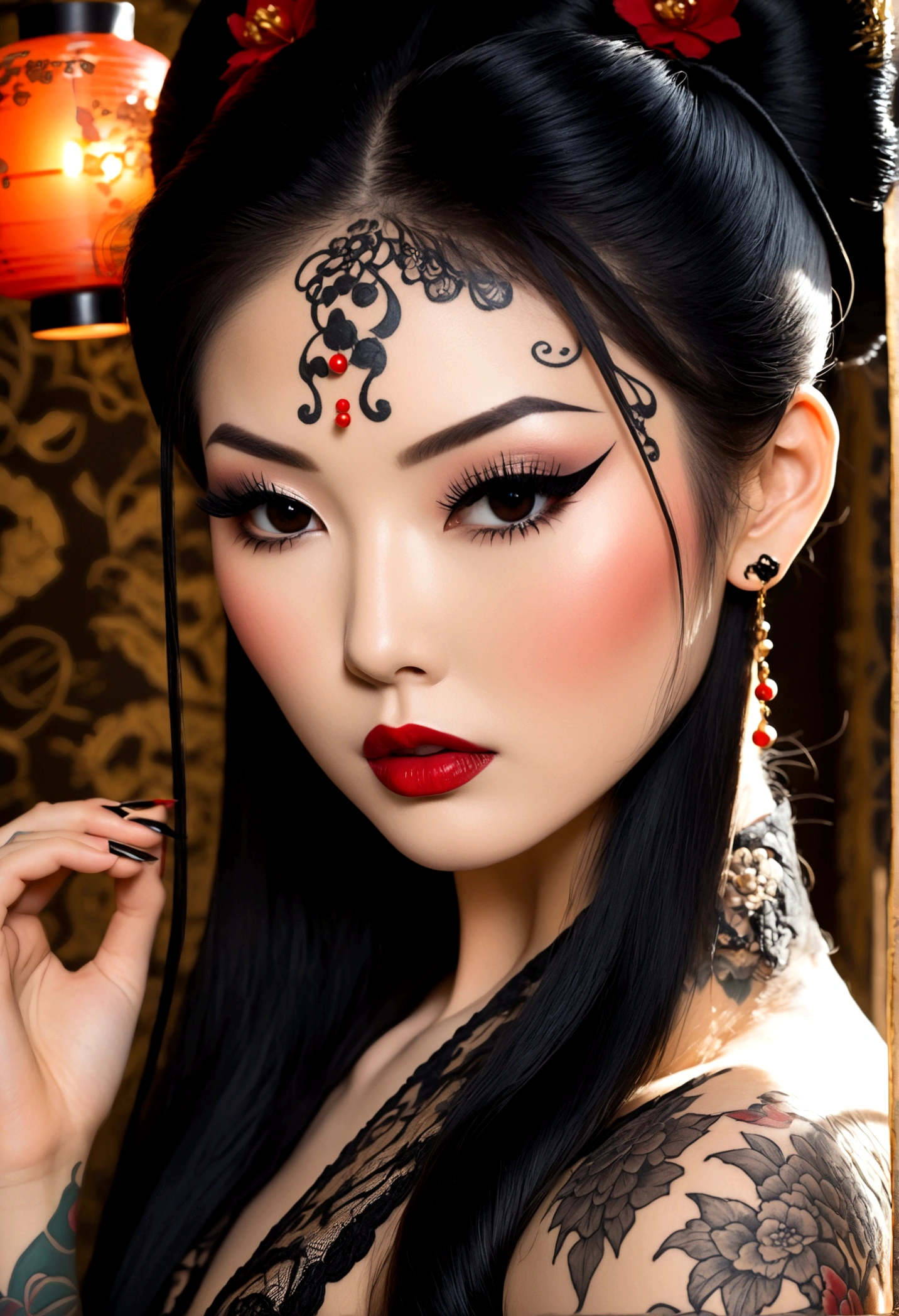 Create an image of the most stunningly gorgeous beautiful perfect sexy youthful tattooed Geisha,  long luscious eyelashes, black eyeliner, perfect makeup, lipstick, beautiful perfect stunningly gorgeous face, long hair, perfectly beautiful hour glass body figure, back to viewer, black lace lingerie, 