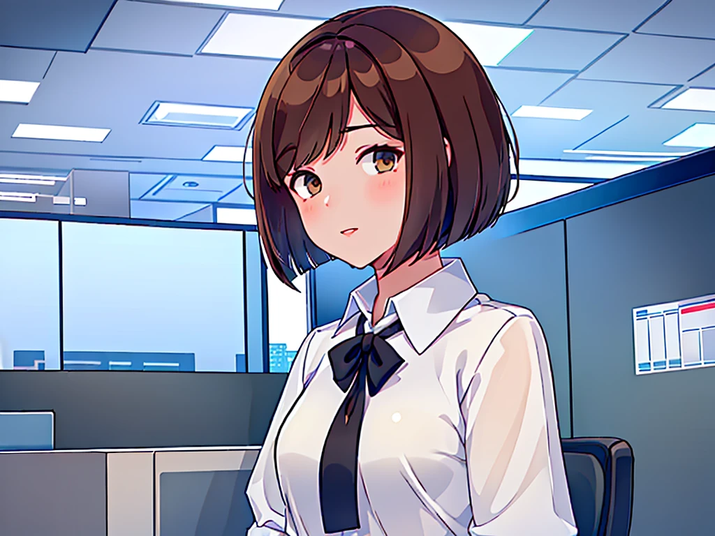 news studio, (((faceless office lady))), brown hair, bob cut, upper body, leading news, small wipe of park, detailed news program, ((from front)), [pixel art]