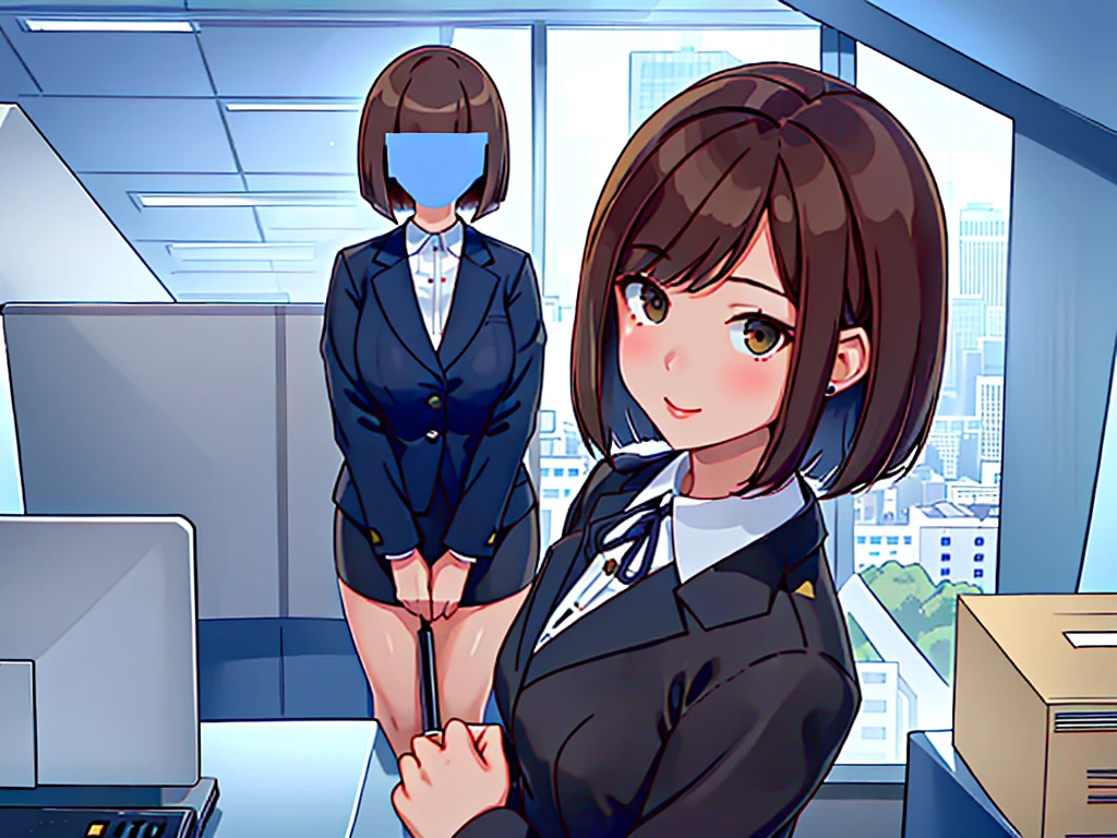 news studio, (((faceless office lady))), brown hair, bob cut, upper body, leading news, small wipe of park, detailed news program, ((from front)), [pixel art]