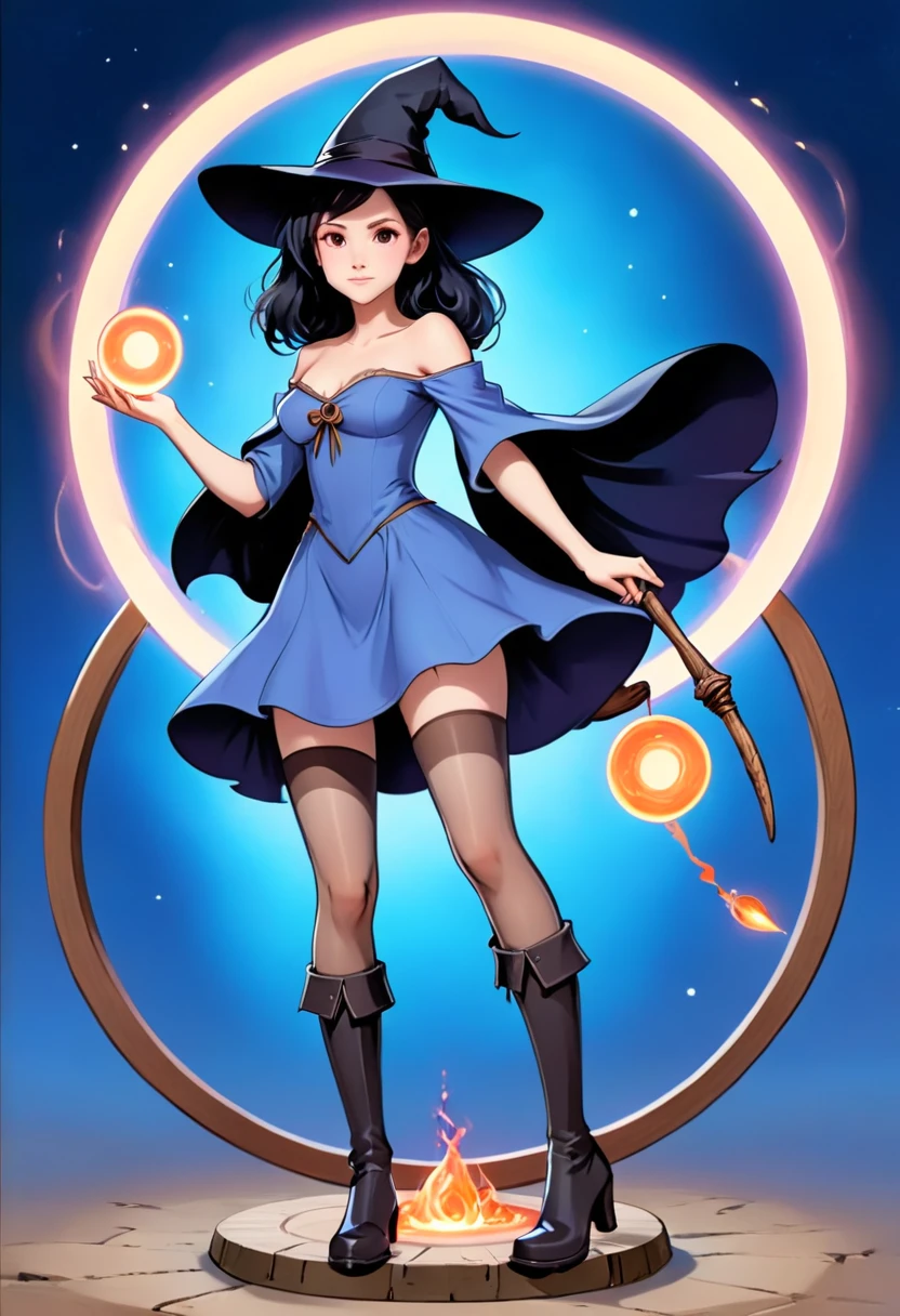 A beautiful witch in the style of Studio Ghibli, 1.55 tall, 16 years old, medium-length black hair, light brown eyes, fair skin, wearing a knee-length transparent blue dress, black stockings and dark brown boots, a black and cinnamon cloak, a light brown handbag and a magic wand made of coral lizard. 8k image, ((highest quality)),(ultra high resolution),(Super detailed),(detailed description),((best GC)),(best artwork),super art precision,great drawing- art(Fantasy art with precise details:1.5),(witch:1.6),(and pretty cute shaped face:a 1.5),(Magic circle floating:1.6),dynamic pose:1.5,boots:1.3, magic circle, final fantasy XV style, 4K, super sexy, without panties