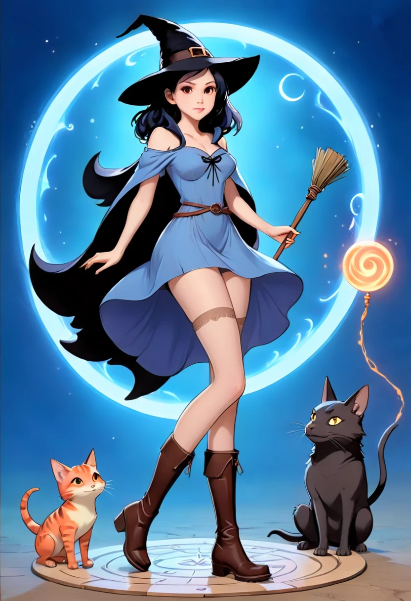 A beautiful witch in the style of Studio Ghibli, 1.55 tall, , medium-length black hair, light brown eyes, fair skin, wearing a knee-length transparent blue dress, black stockings and dark brown boots, a black and cinnamon cloak, a light brown handbag and a magic wand made of coral lizard. 8k image, ((highest quality)),(ultra high resolution),(Super detailed),(detailed description),((best GC)),(best artwork),super art precision,great drawing- art(Fantasy art with precise details:1.5),(witch:1.6),(and pretty cute shaped face:a 1.5),(Magic circle floating:1.6),dynamic pose:1.5,boots:1.3, magic circle, final fantasy XV style, 4K, super sexy, without panties