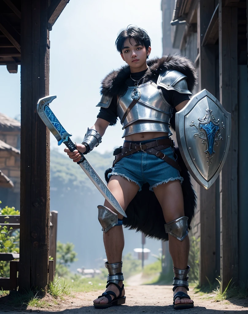 Young -yeld boith black hair and brown eyes, innocent and happy, dressed in short neon-blue medieval barbarian clothes, fur shorts, light-blue battle armor, weilding silver sword and shield, sandals; fullbody; short hair, boyish athletic, sexy,