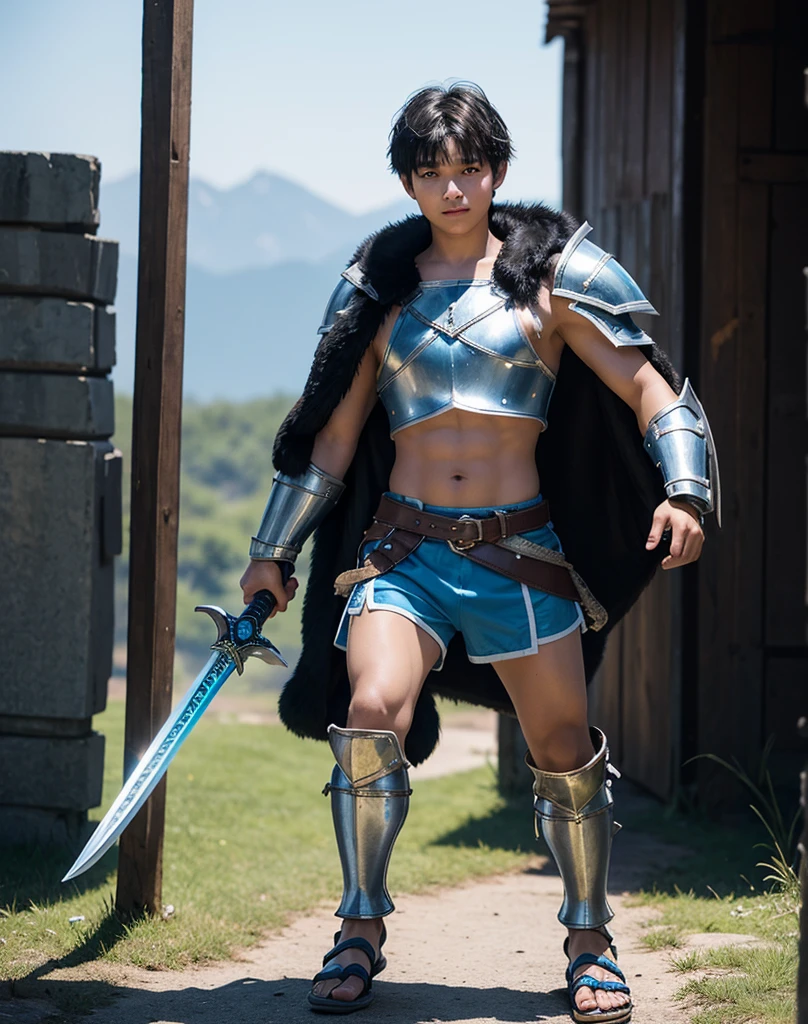 Young -yeld boith black hair and brown eyes, innocent and happy, dressed in short neon-blue medieval barbarian clothes, fur shorts, light-blue battle armor, weilding silver sword and shield, sandals; fullbody; short hair, boyish athletic, sexy,