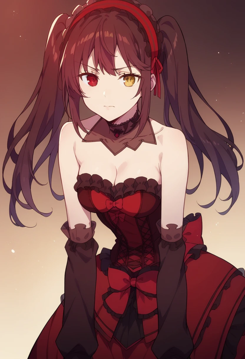 twintails, yellow eyes, hairband, heterochromia, dress, red dress, bare shoulders, collarbone, choker, bowtie, red bowtie, detached sleeves, corset, frills, cleavage,