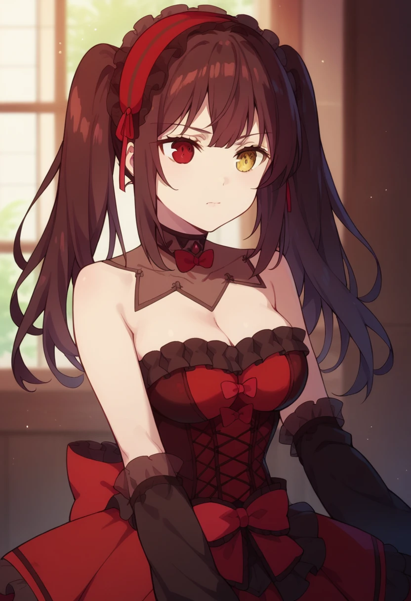 twintails, yellow eyes, hairband, heterochromia, dress, red dress, bare shoulders, collarbone, choker, bowtie, red bowtie, detached sleeves, corset, frills, cleavage,