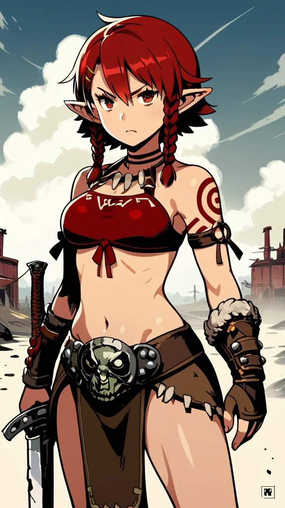 score_9,source_anime,1girl,standing,red hair,beautiful_detailed_eyes,short hair,braided hair,waist up,looking at viewer,wearing barbarian outfit,angry,frown,wasteland background,sword,elf ears,tribal tattoos, 