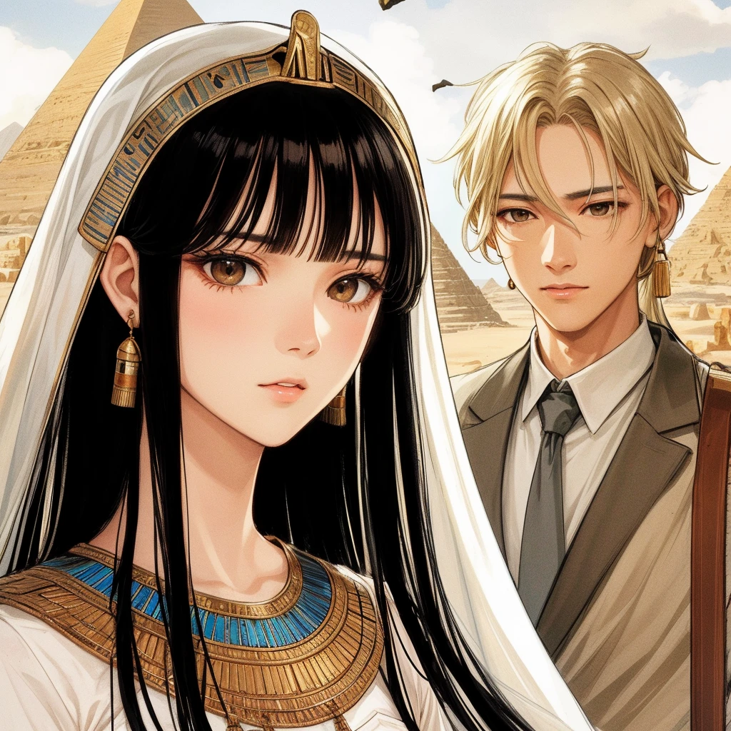 beautiful girl,straight hair,black hair,black eyes,ancient egyptian costume,white dress,long hair,desert atmosphere,ไม่โป๊,หน้าอกไม่ใหญ่,มีลมพัด