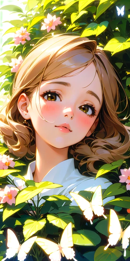 (best quality, masterpiece, ultra-realistic), portrait of 1 beautiful and delicate girl, Long Blond beige hair, blue eyes , with a soft and peaceful expression, the background scenery is a garden with flowering bushes and butterflies flying around.