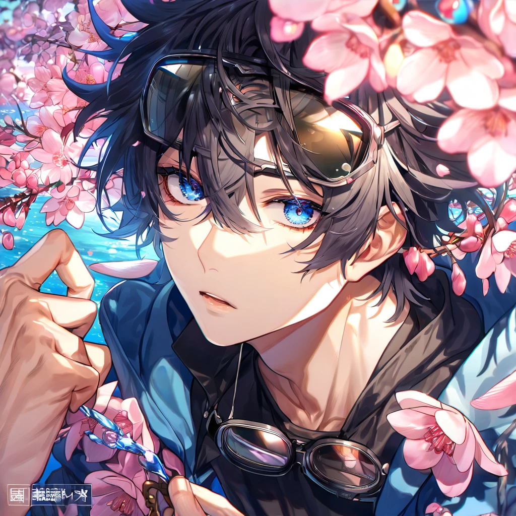 absurdres, highres, ultra detailed, HDR, master piece, best quality, Gareki, messy hair, black hair, hair between the eyes, expressive blue eyes, Karneval, solo, sexy man, handsome, black shirt, a hooded blue coat, a pair of black goggles on the forehead, fantasy, shining, pink flowers, pink blossoms, pink petals, water