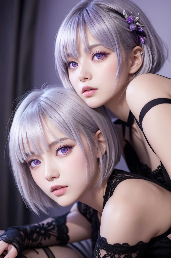A neutral, lethargic girl with silver wolf-cut hair and purple eyes.