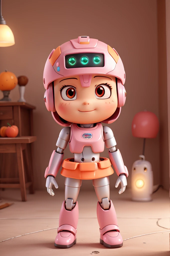 Create the image of a light pink and orange robot with silver accents and a cute look