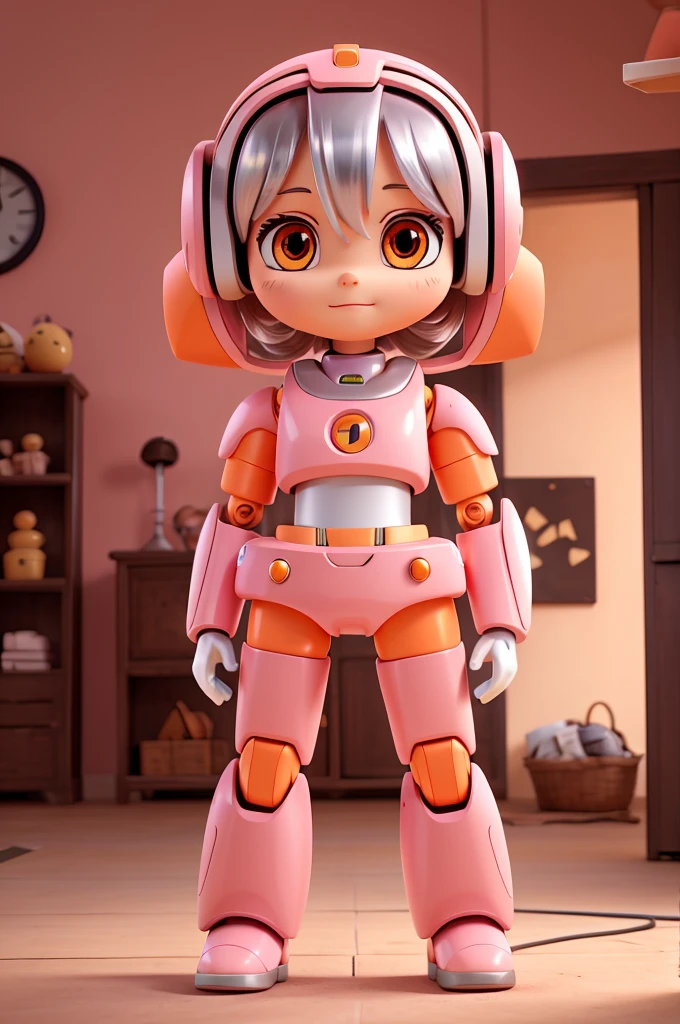 Create the image of a light pink and orange robot with silver accents and a cute look