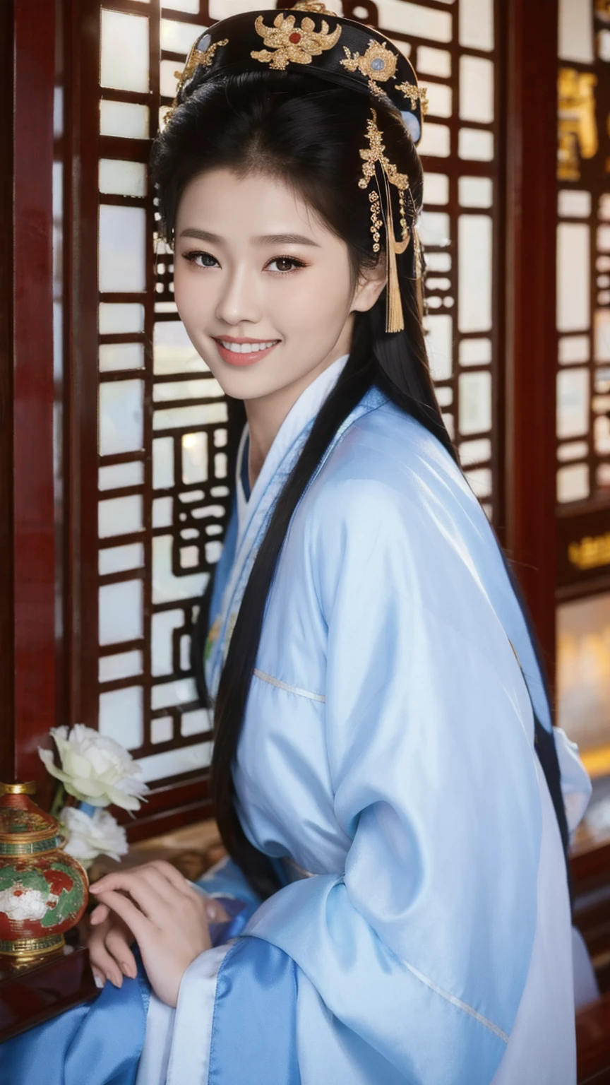 1 fashion model 18 years old [[[[close up]]]], [[[[neck]]]], [[[[Shoulder]]]], Perfect eyes, Perfect Iris，Perfect lips，Perfect Teeth，Perfect skin，White skin，Soft headlight，High-density imaging，Black long hair，（Clean and delicate face），((Chinese clothing))，((Smile))，((Background is indoor))，((window))，best quality，masterpiece，（Soft colors：1.2）